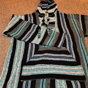 Men's vintage Disney Hooded Baja Knit Sweater - Black with Blue & Gray Stripes